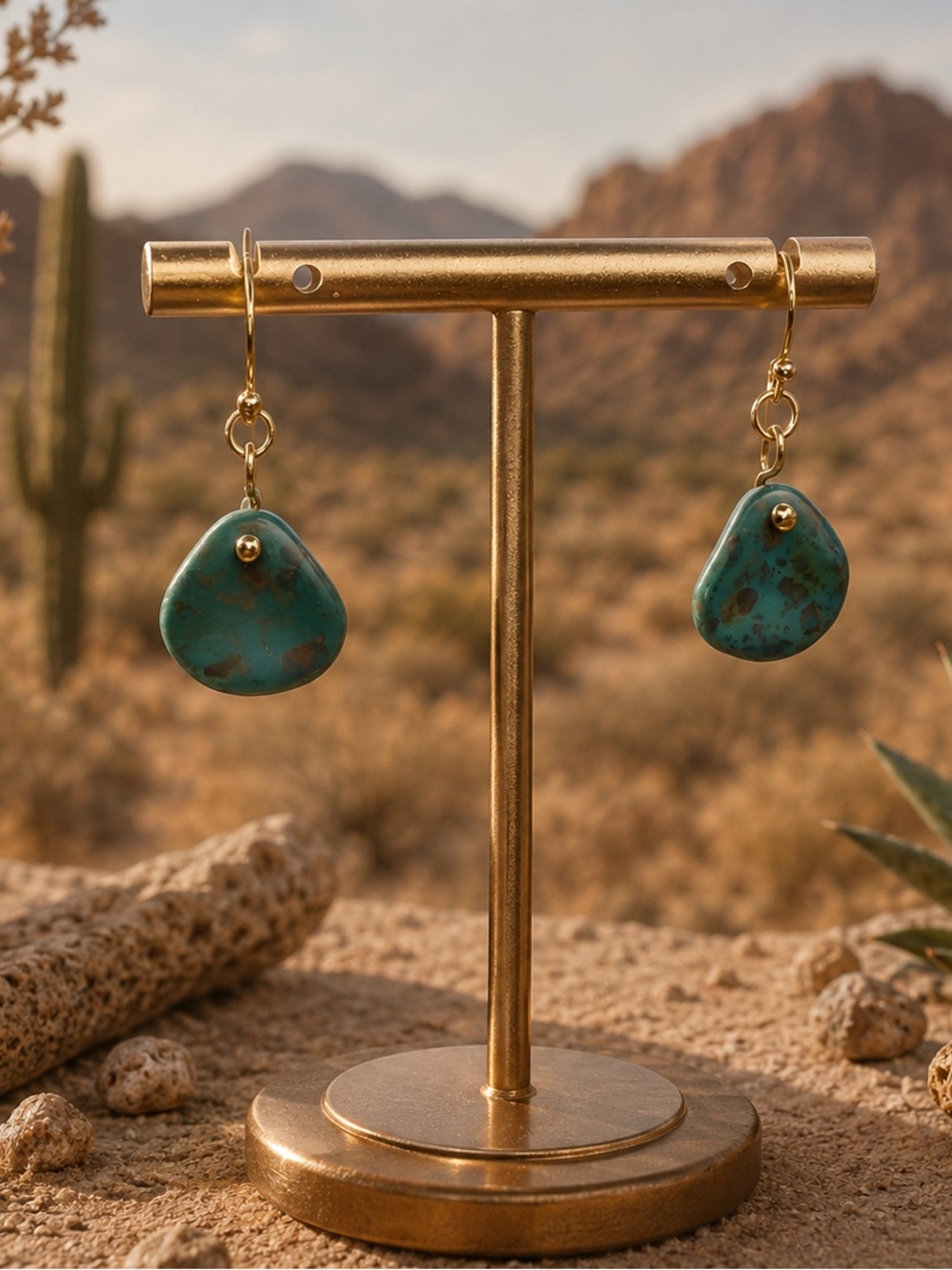 Gold Drop Turquoise Stone Earrings - Teal Green Dangle